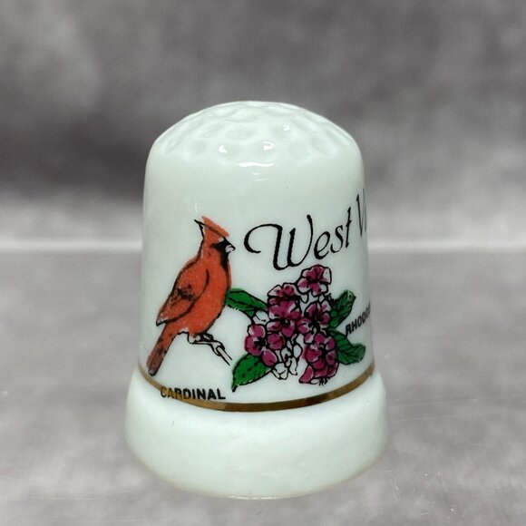 West Virginia Souvenir Porcelain Thimble With Cardinal & Rhododendron Design - Picture 1 of 9